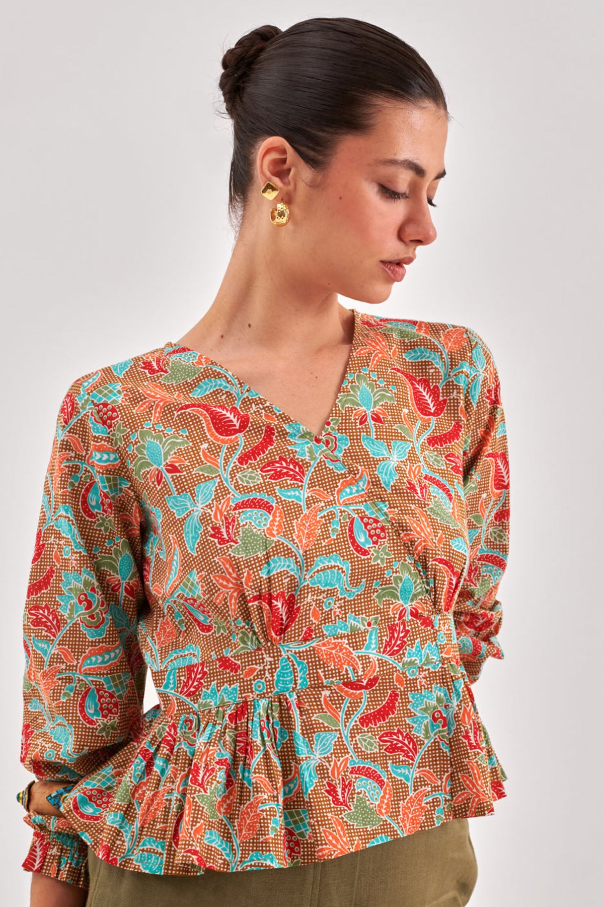 Khaki Printed Cinched Waist Top