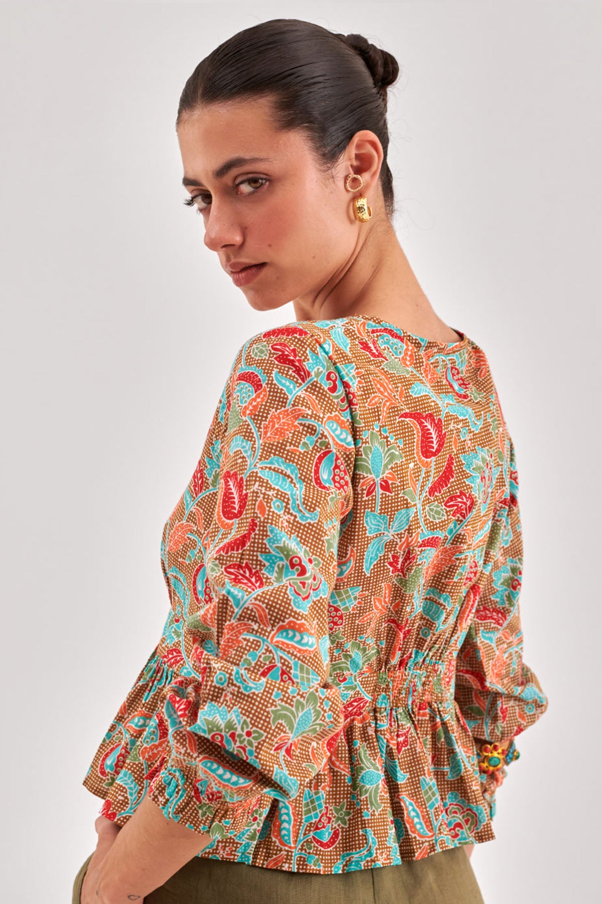 Khaki Printed Cinched Waist Top