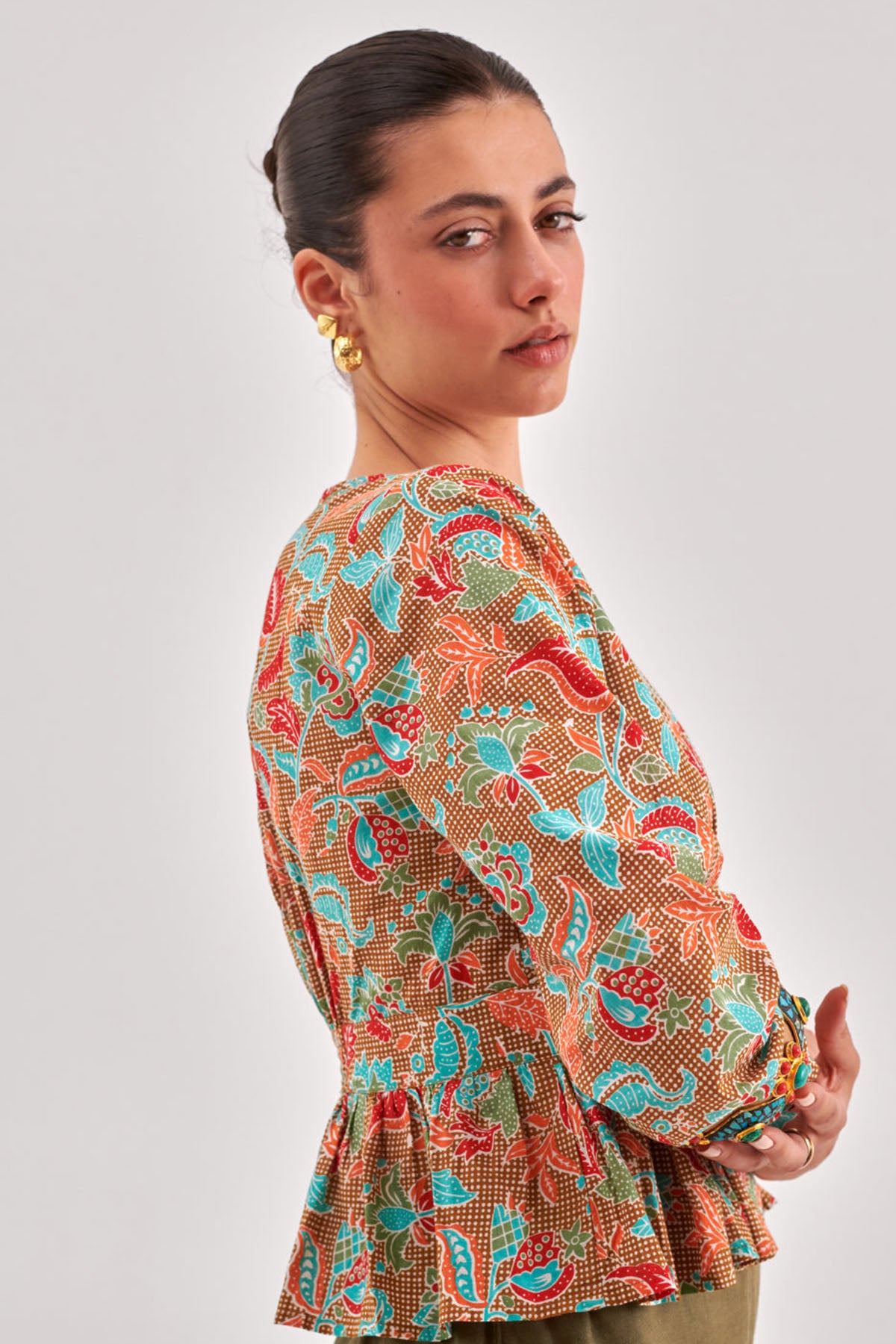 Khaki Printed Cinched Waist Top