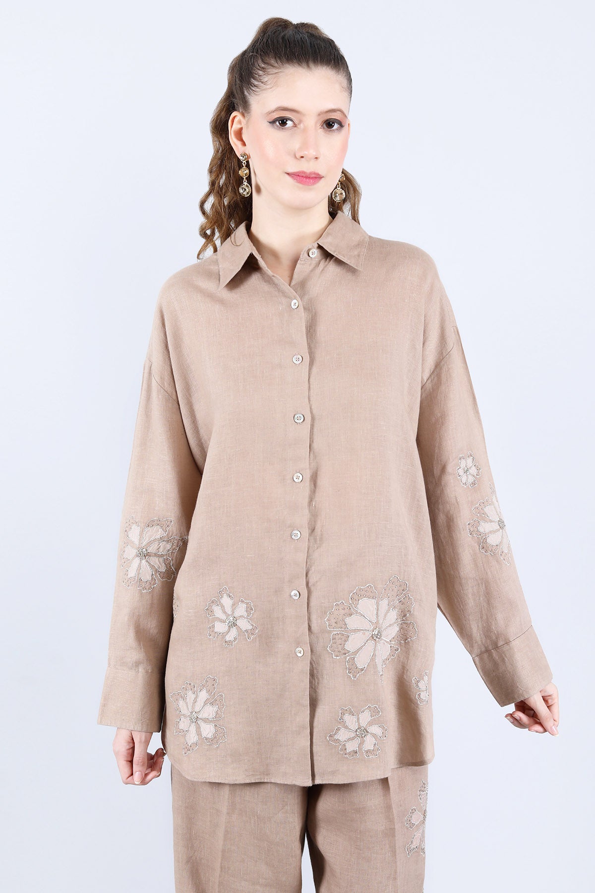 Khaki Sequins Shirt And Pants