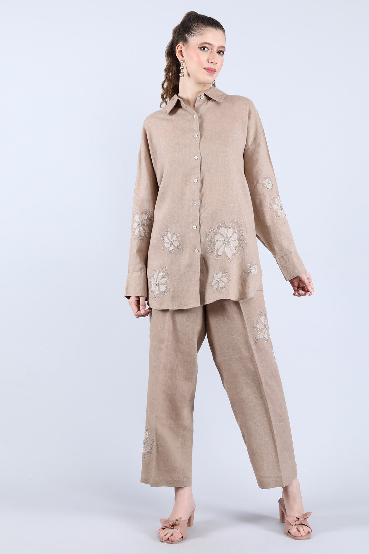 Buy Linen Bloom Khaki Sequins Shirt And Pants for women online available at ScrollnShops