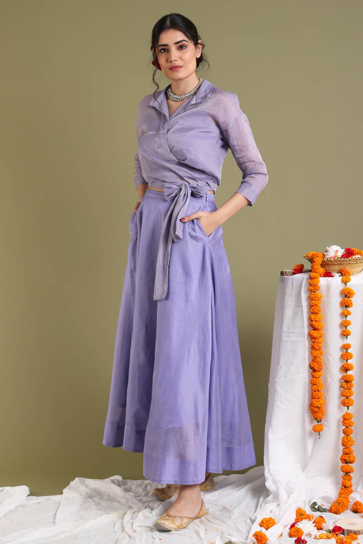 Lavender Chanderi Flared Skirt