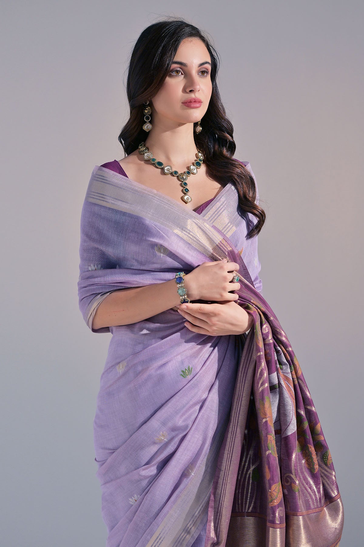 Lavender Cow Thread Work Saree