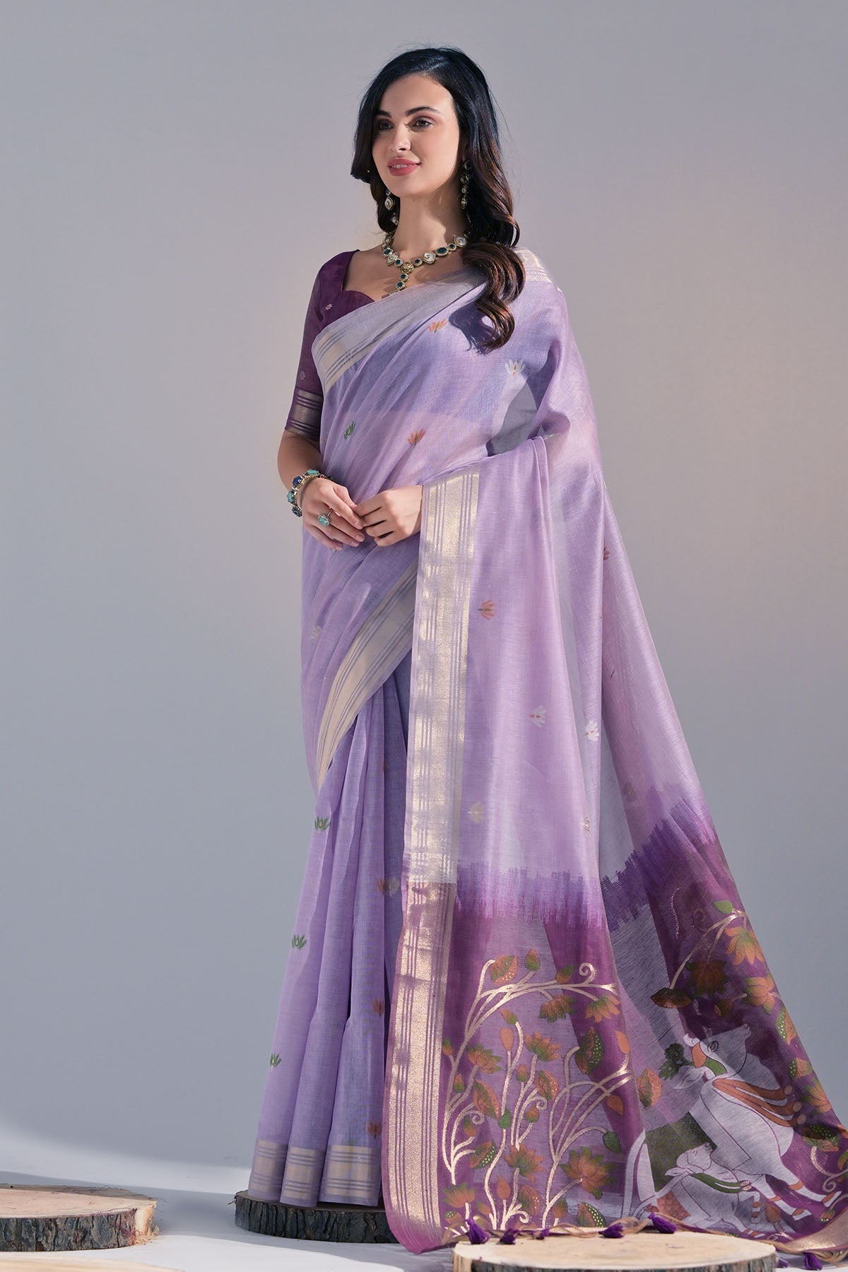 Buy Lavender Cow Thread Work Saree by Lili Lala for women online at ScrollnShops