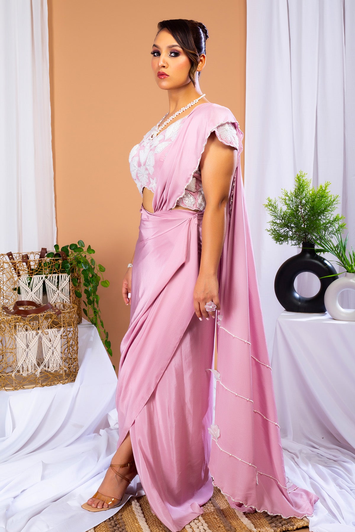Lavender Crepe Pre-Draped Saree