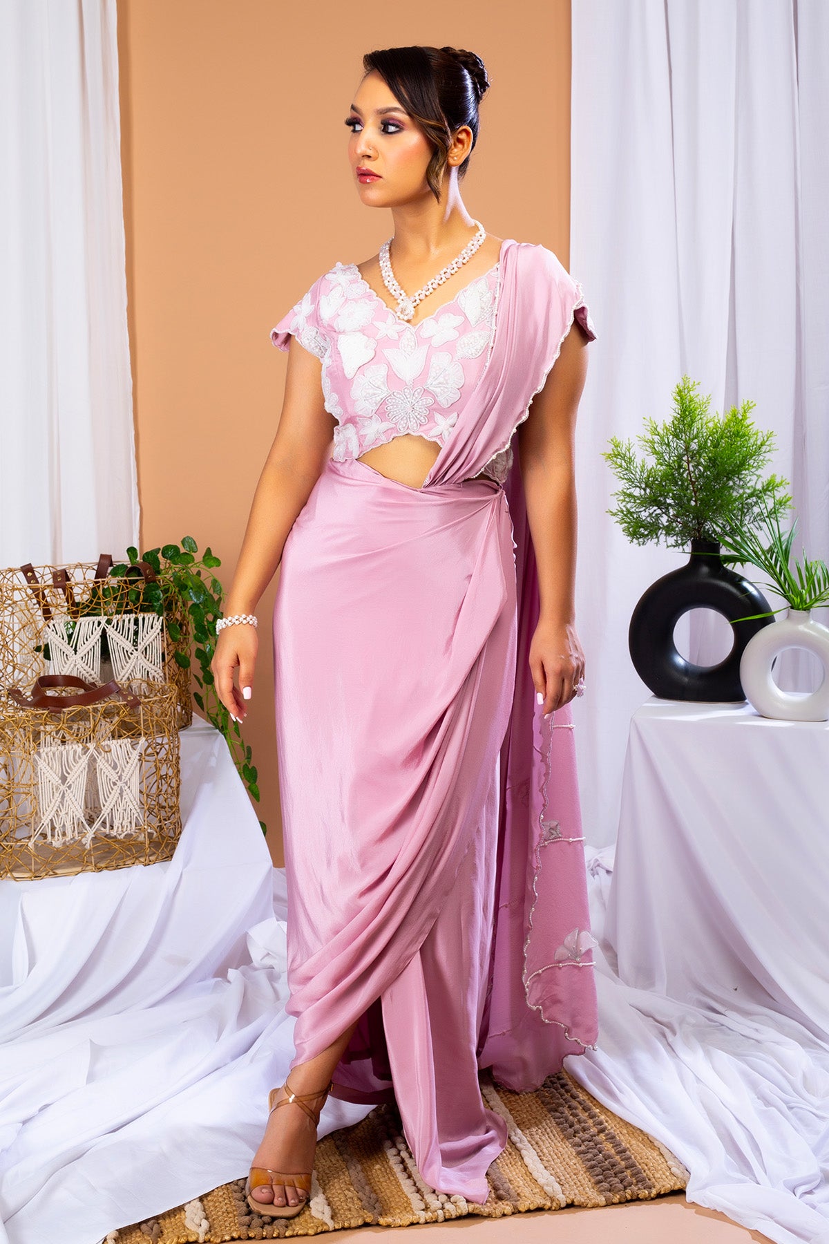 Lavender Crepe Pre-Draped Saree