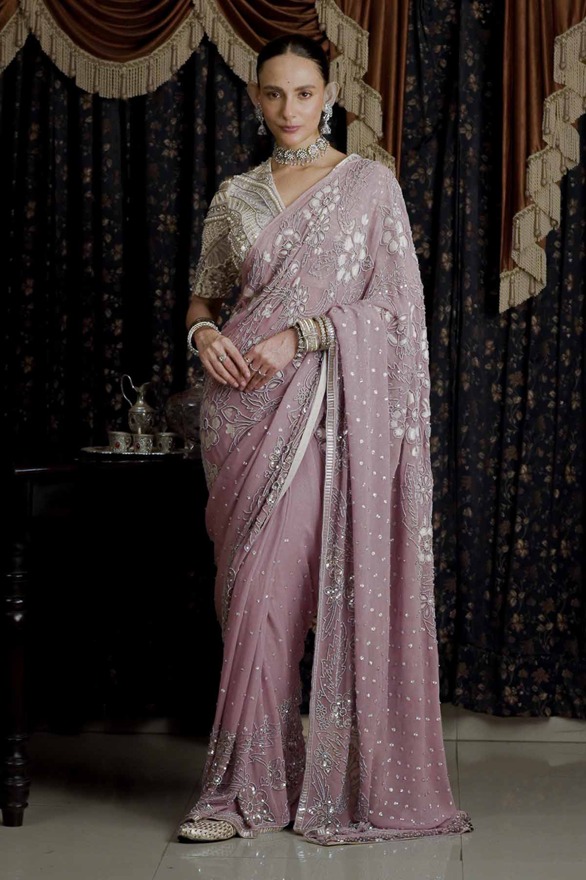 Buy Lavender Gota Embroidered Saree by Saksham Neharicka for women online at ScrollnShops