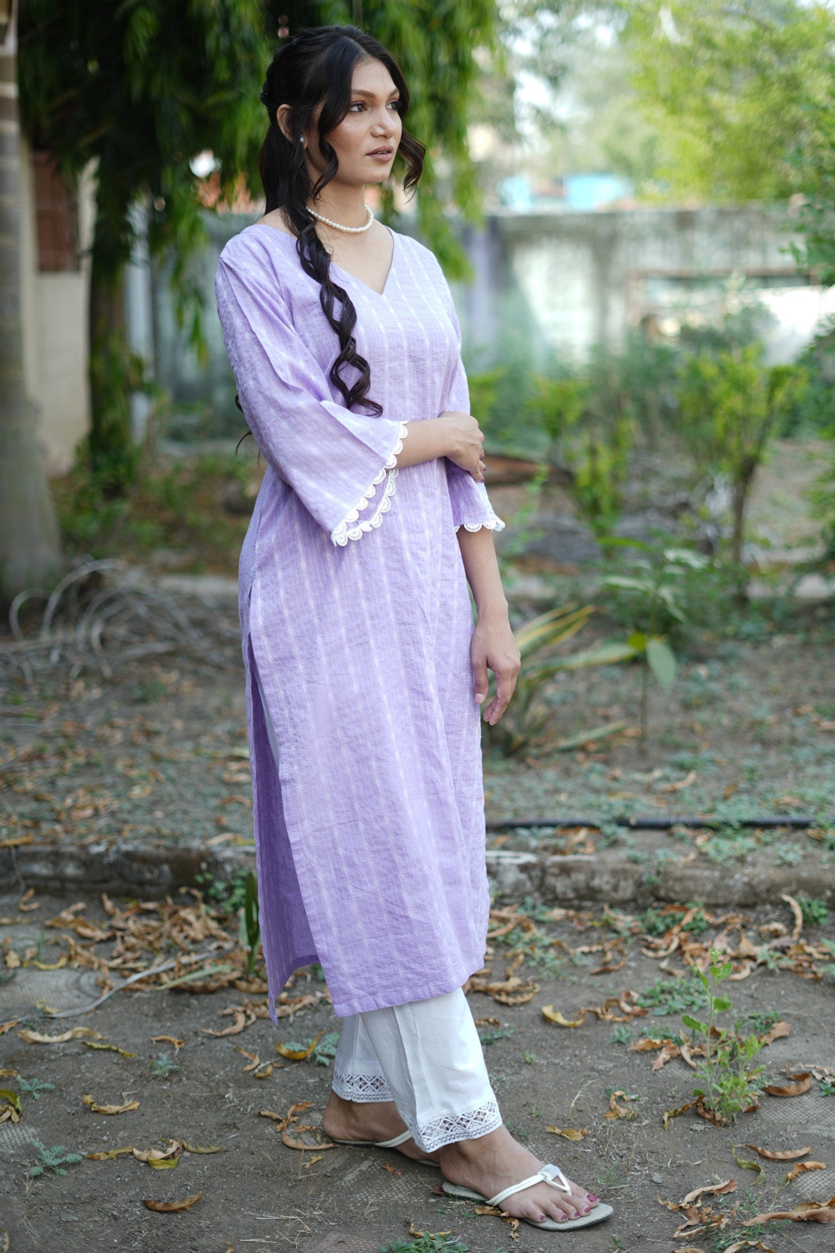 Lavender Katha Cotton Kurta Set