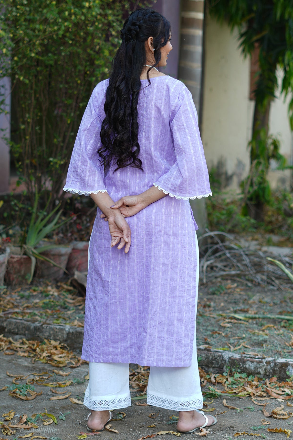 Lavender Katha Cotton Kurta Set