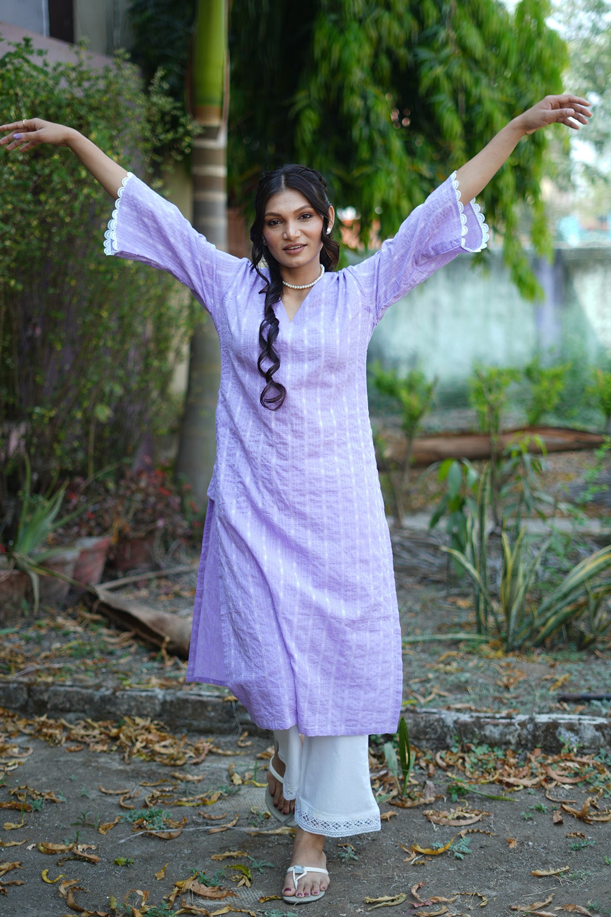 Lavender Katha Cotton Kurta Set