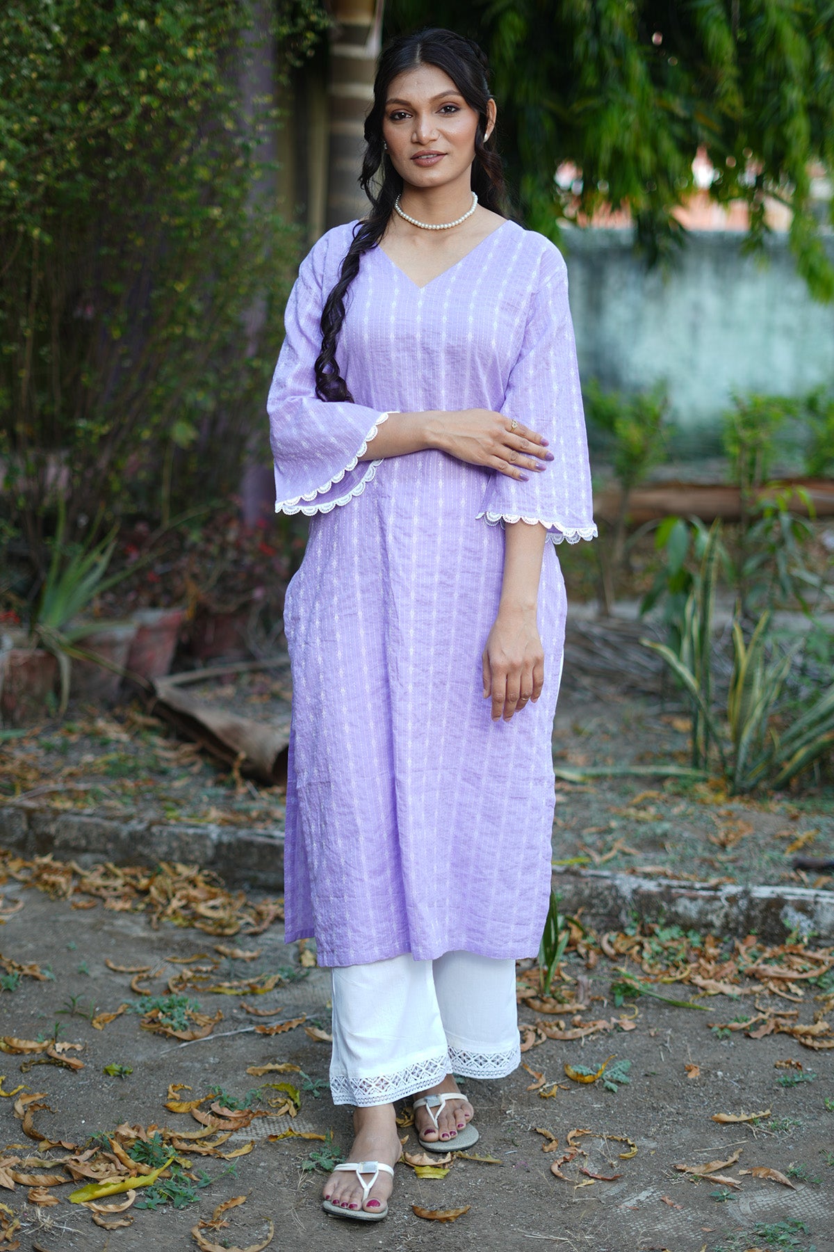 Lavender Katha Cotton Kurta Set
