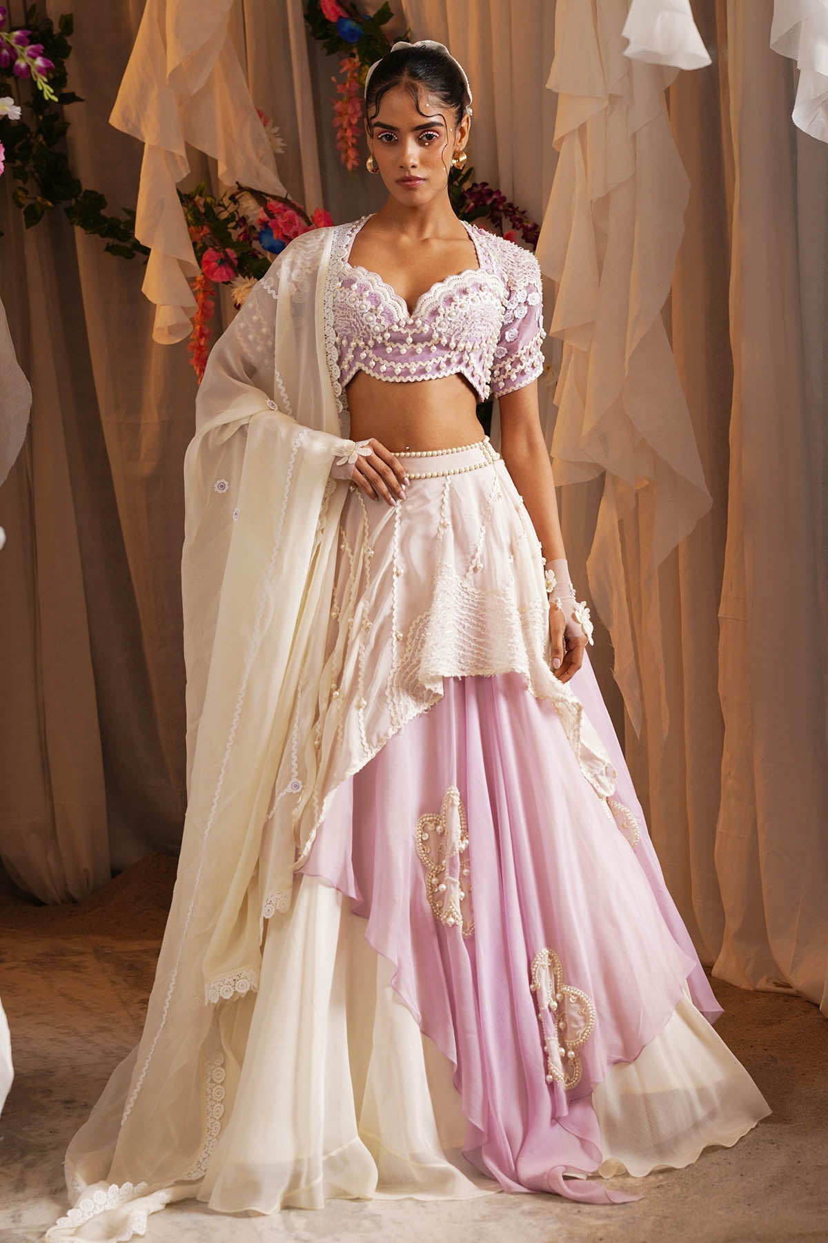 Buy Lavender Layered Lehenga Set by Shwetanga for women online at ScrollnShops