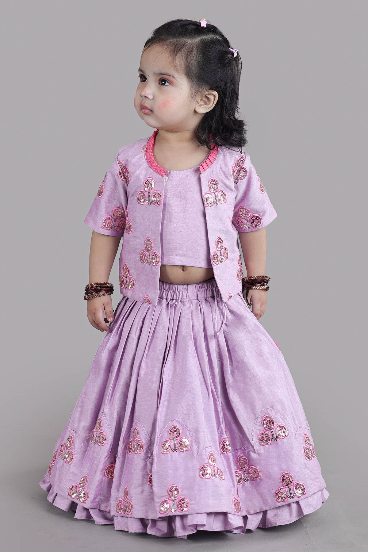 Buy Lavender Lehenga Set & Jacket by Little Brats for Girls online at ScrollnShops