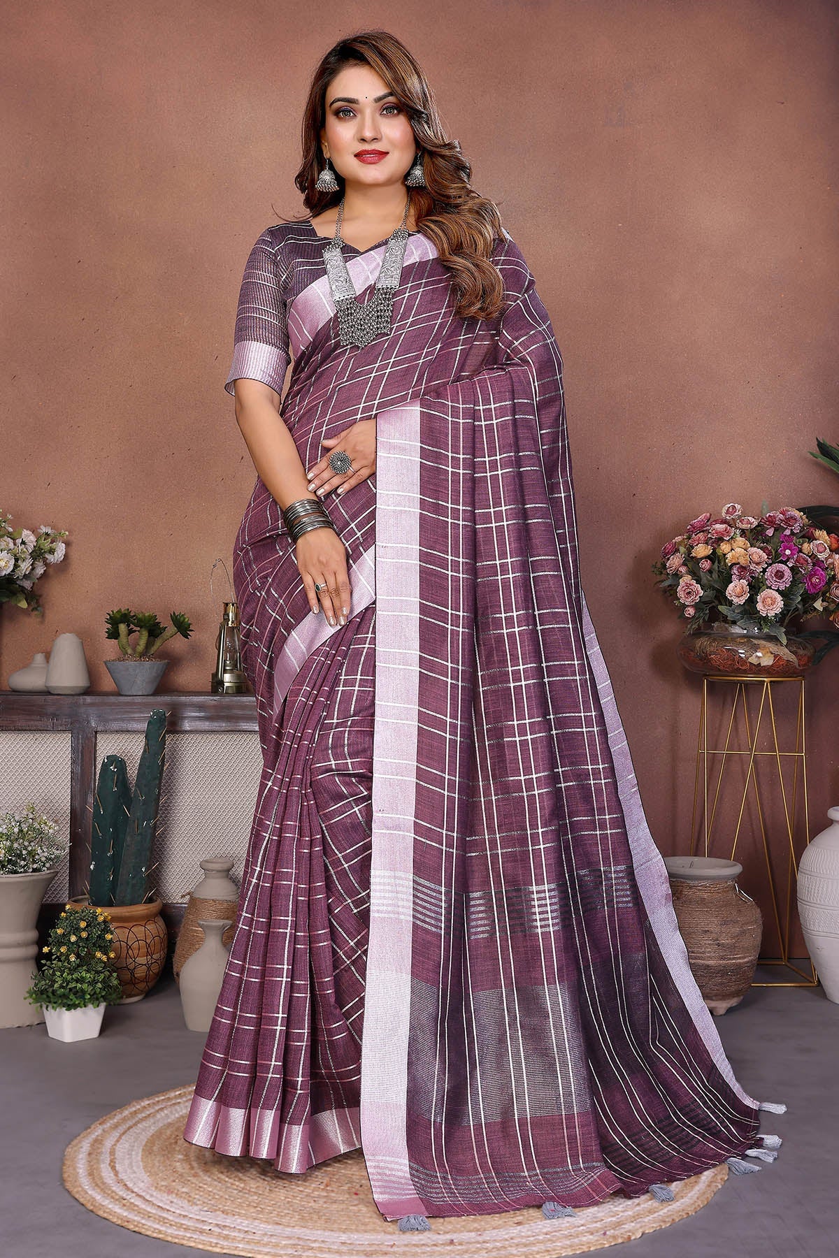 Buy Lavender Linen Weaving Saree for women by Aastha Fashion online available at scrollnshops