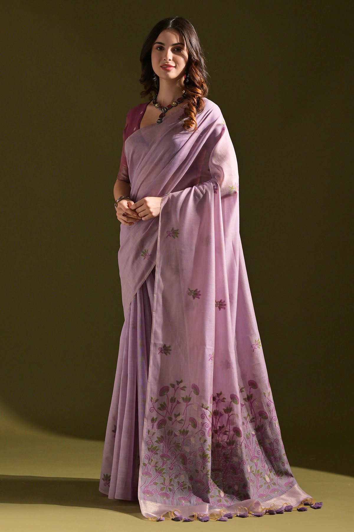 Lavender Lotus Thread Work Saree