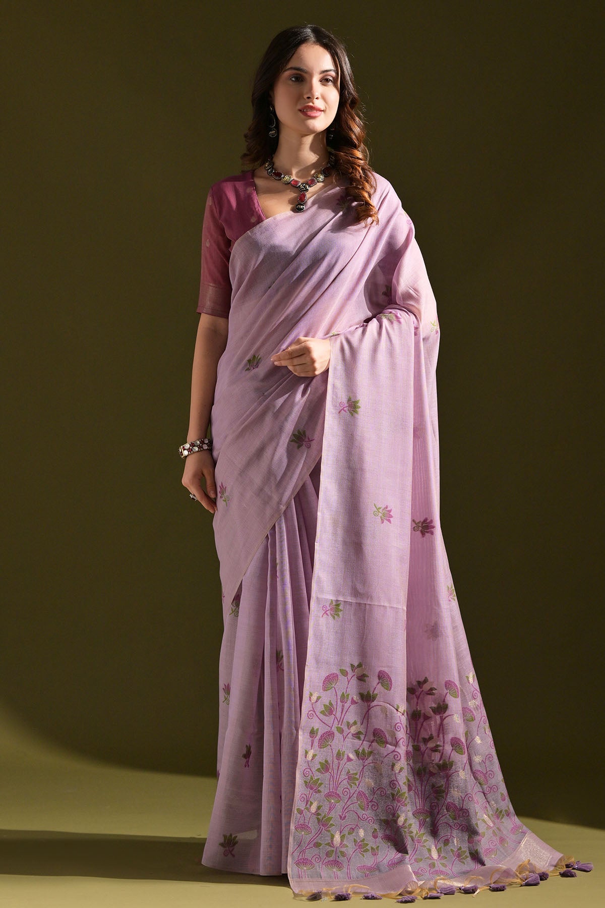 Buy Lavender Lotus Thread Work Saree by Lili Lala for women online at ScrollnShops