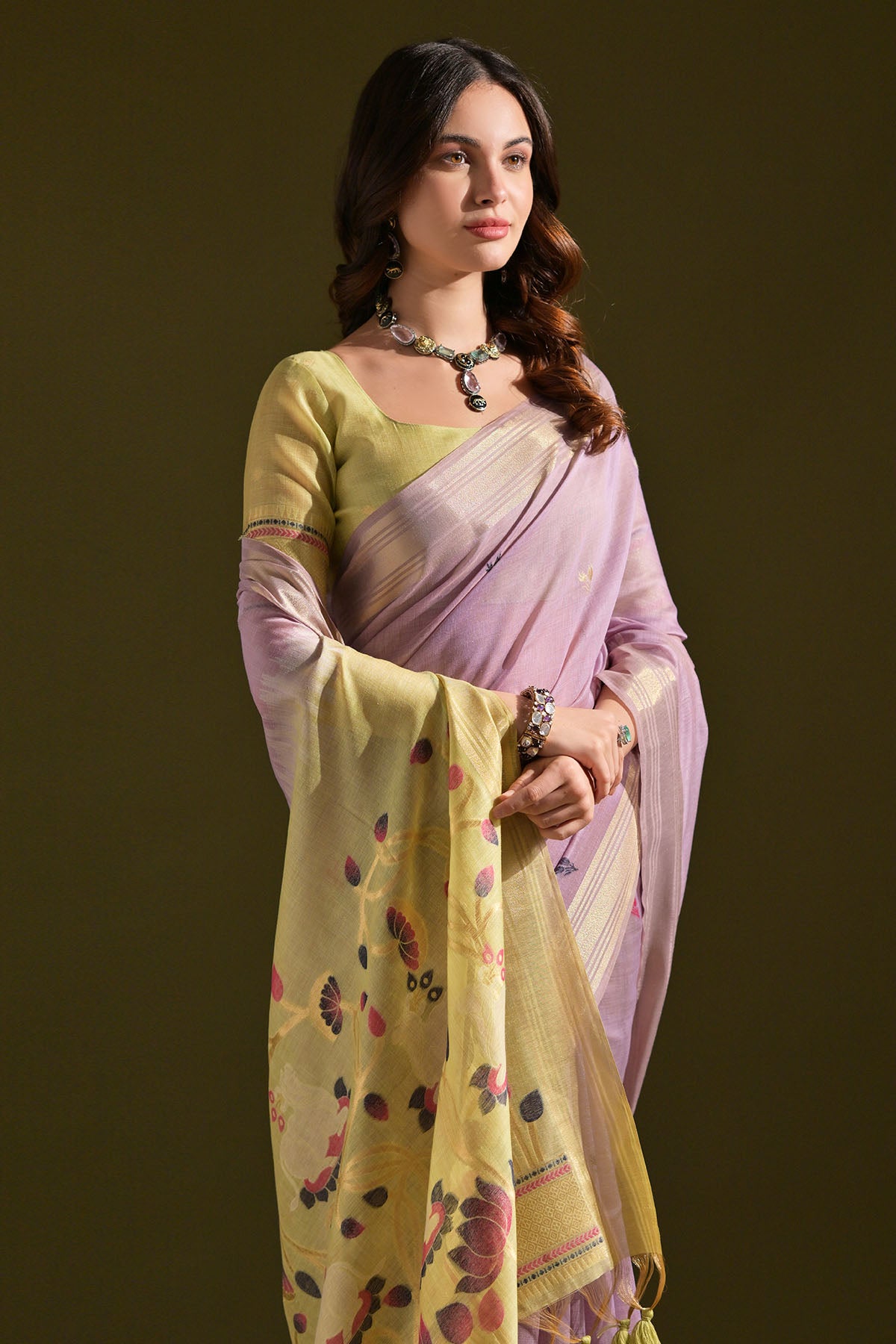 Lavender Muga Cotton Print Saree