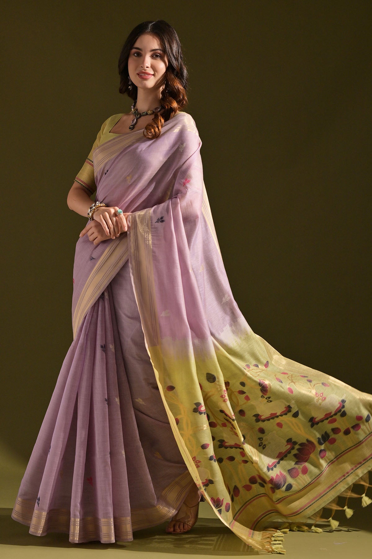 Buy Lavender Muga Cotton Print Saree by Lili Lala for women online at ScrollnShops