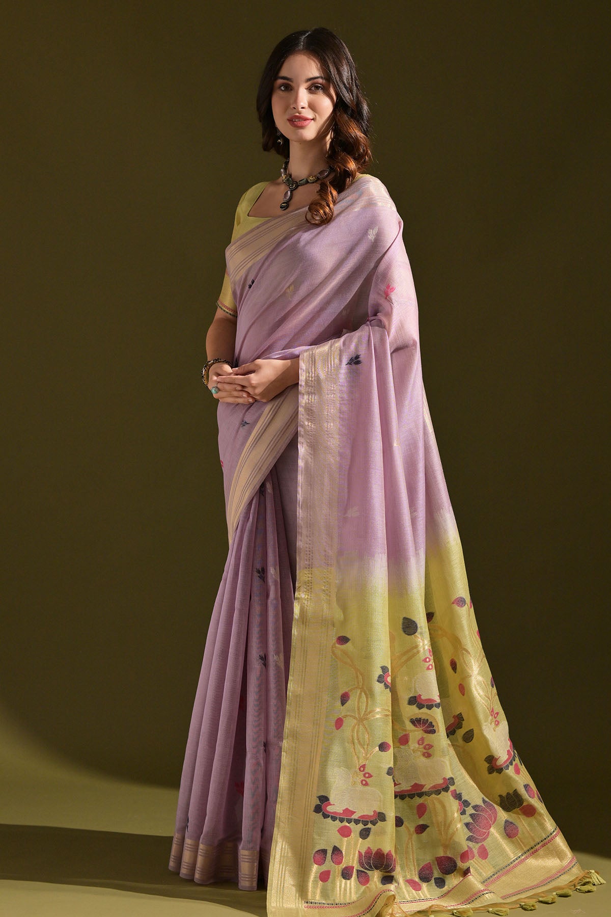 Lavender Muga Cotton Print Saree