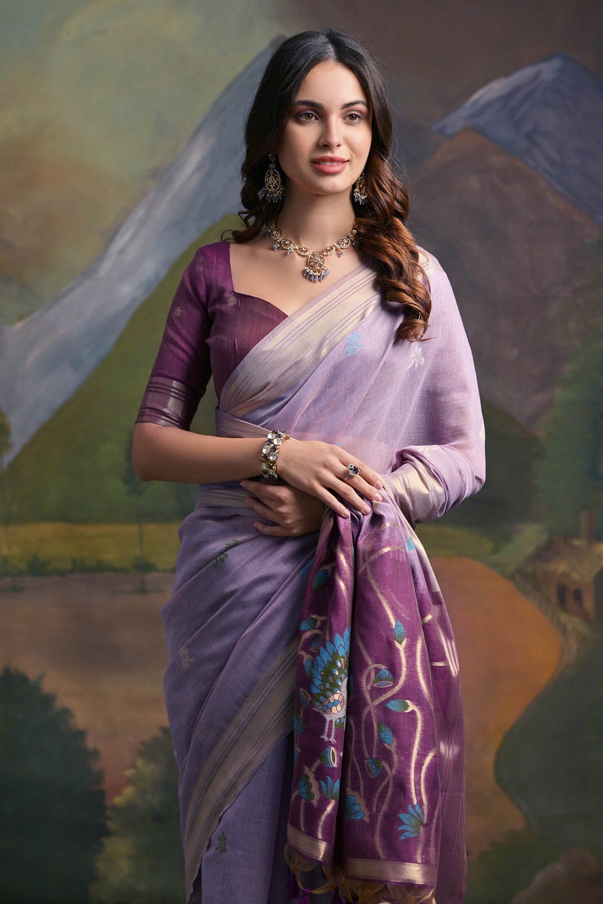 Lavender Peacock Thread Saree