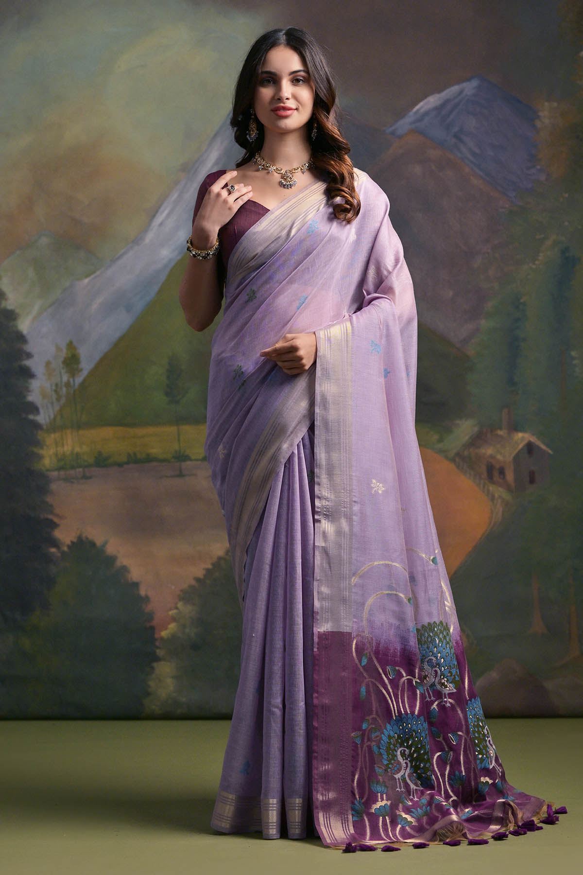 Buy Lavender Peacock Thread Saree by Lili Lala for women online at ScrollnShops