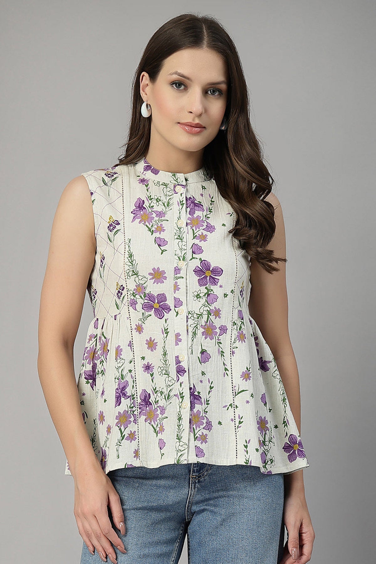 Buy Lavender Pure Cotton Floral Top for Women by Qomn Designer online available at scrollnshops