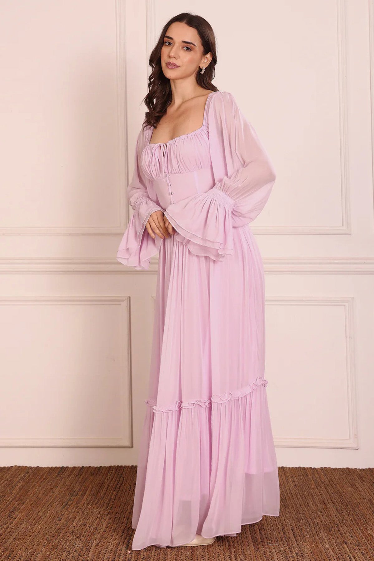 Lavender Ruched Sleeves Dress