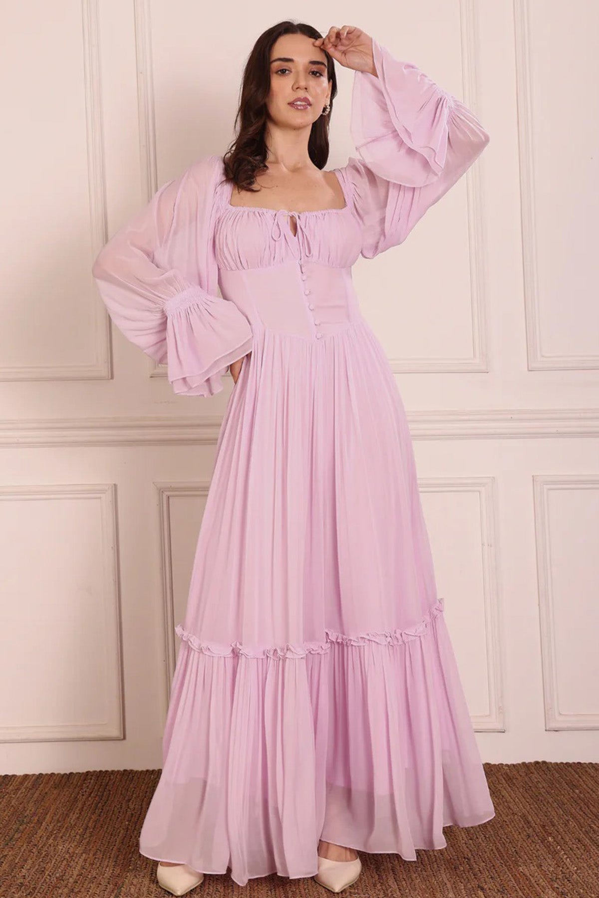 Buy Lavender Ruched Sleeves Dress for women by Seoraa online available at scrollnshops