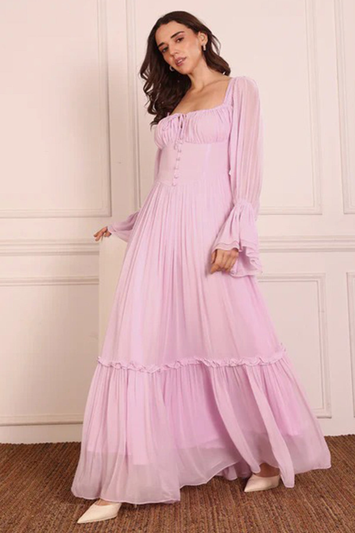 Lavender Ruched Sleeves Dress