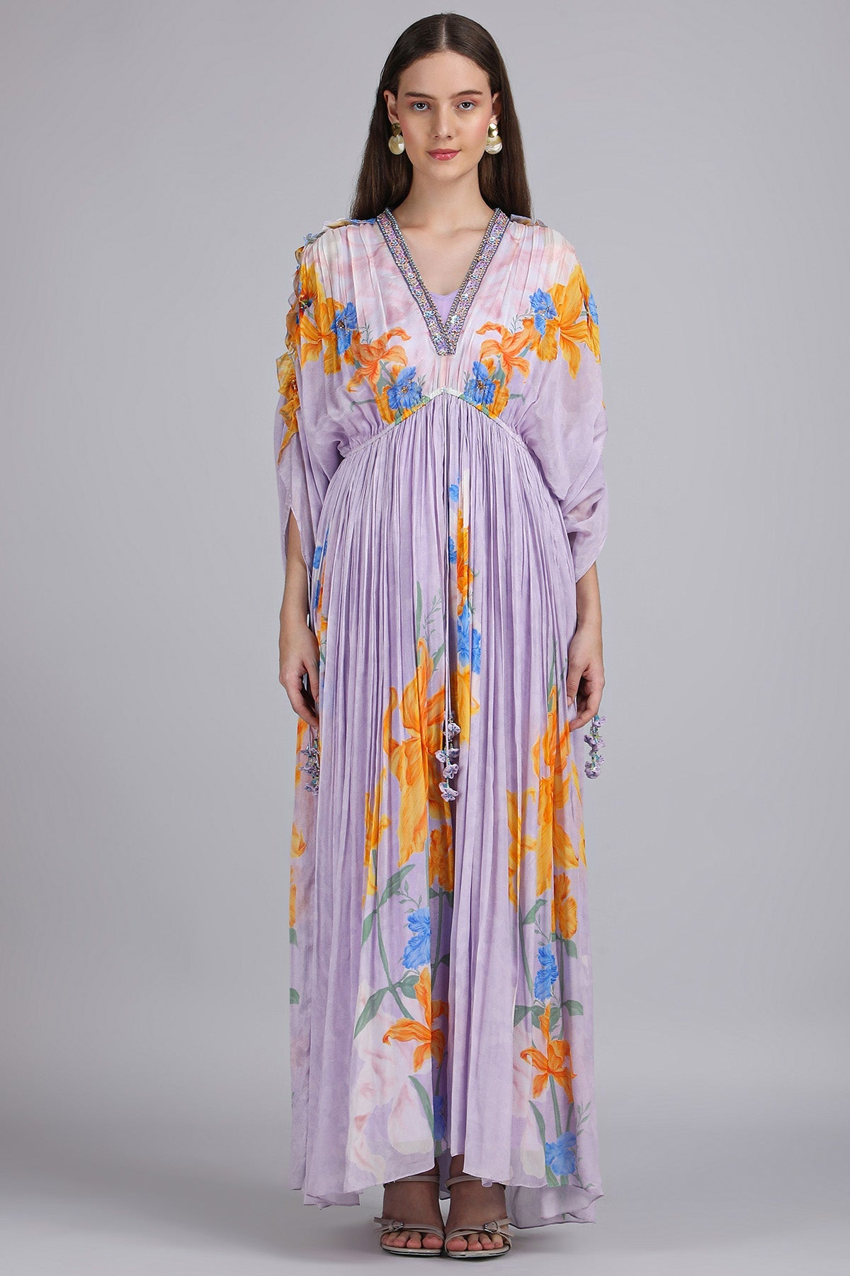 Buy Lavender Ruffle Printed Kaftan for women by Mandira Wirk online available at scrollnshops
