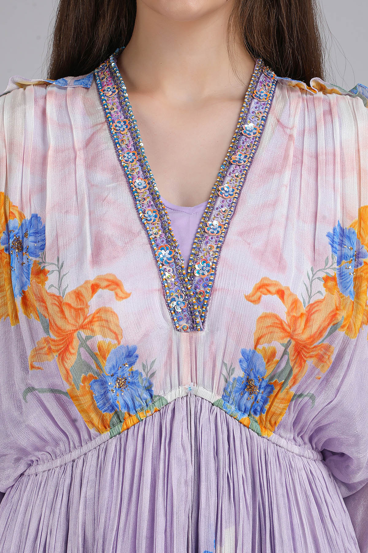 Lavender Ruffle Printed Kaftan