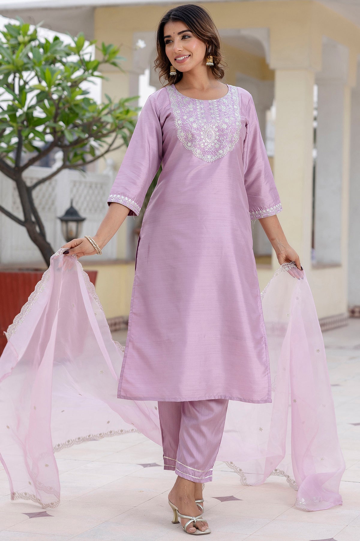 Buy Lavender Silk Blend Kurta Set for women by Aastha Fashion online available at scrollnshops