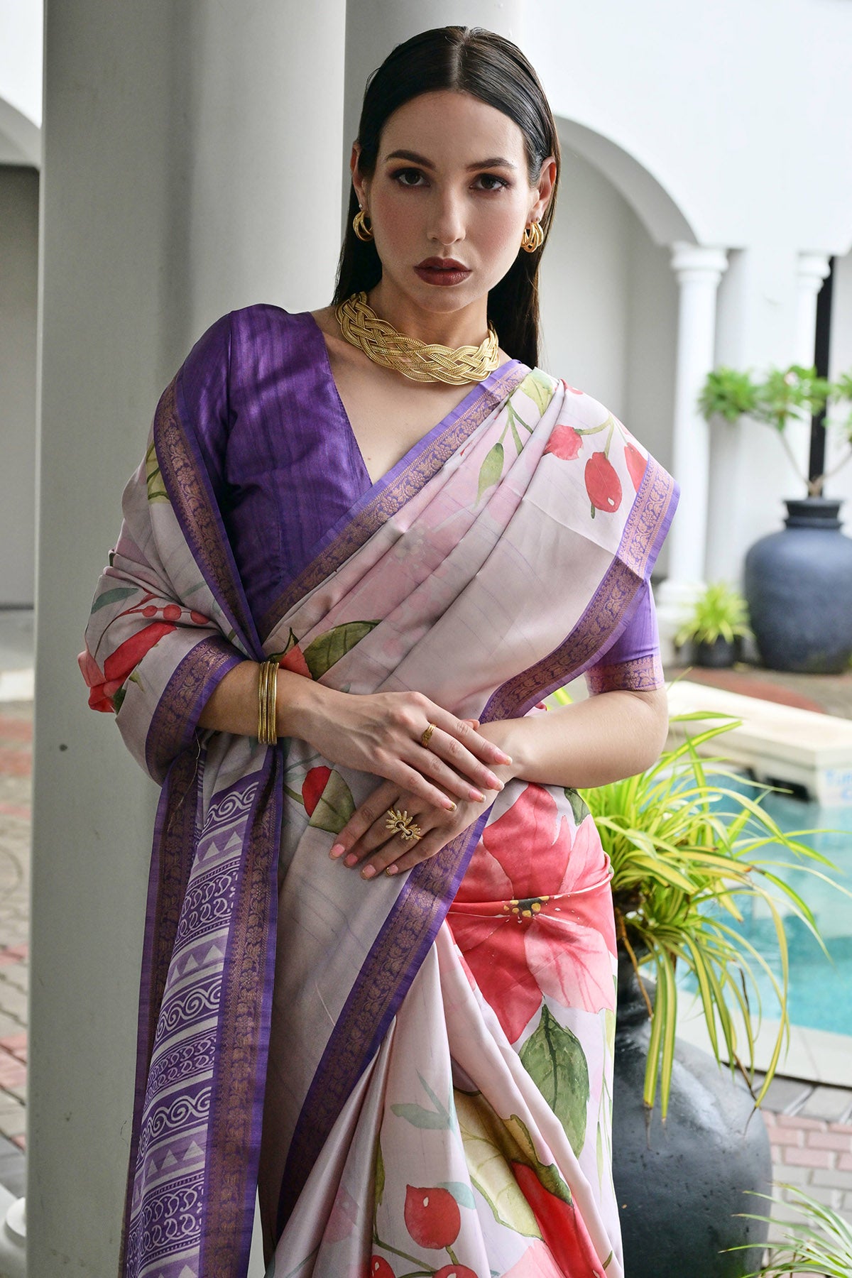 Lavender Silk Floral Zari Saree