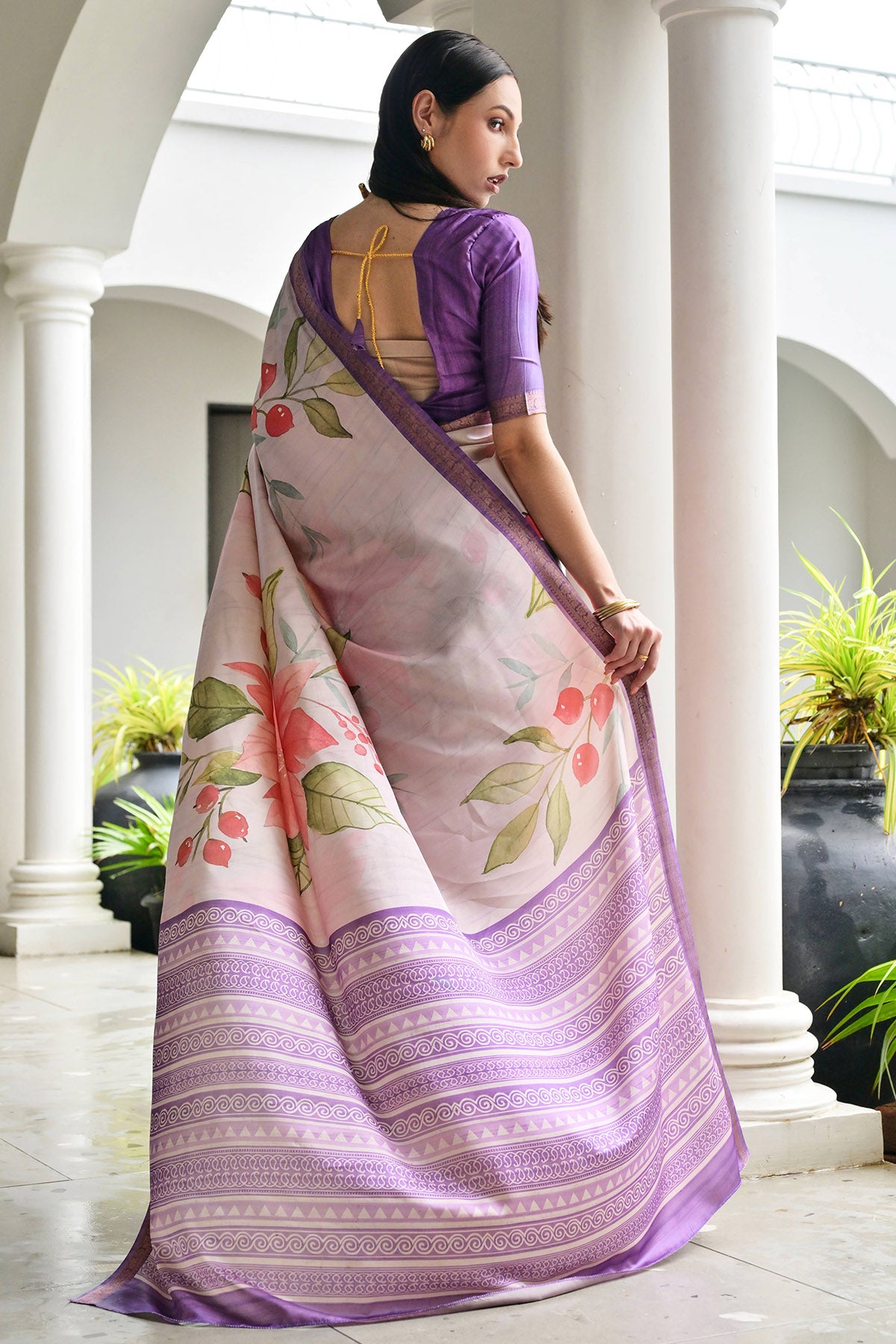 Lavender Silk Floral Zari Saree