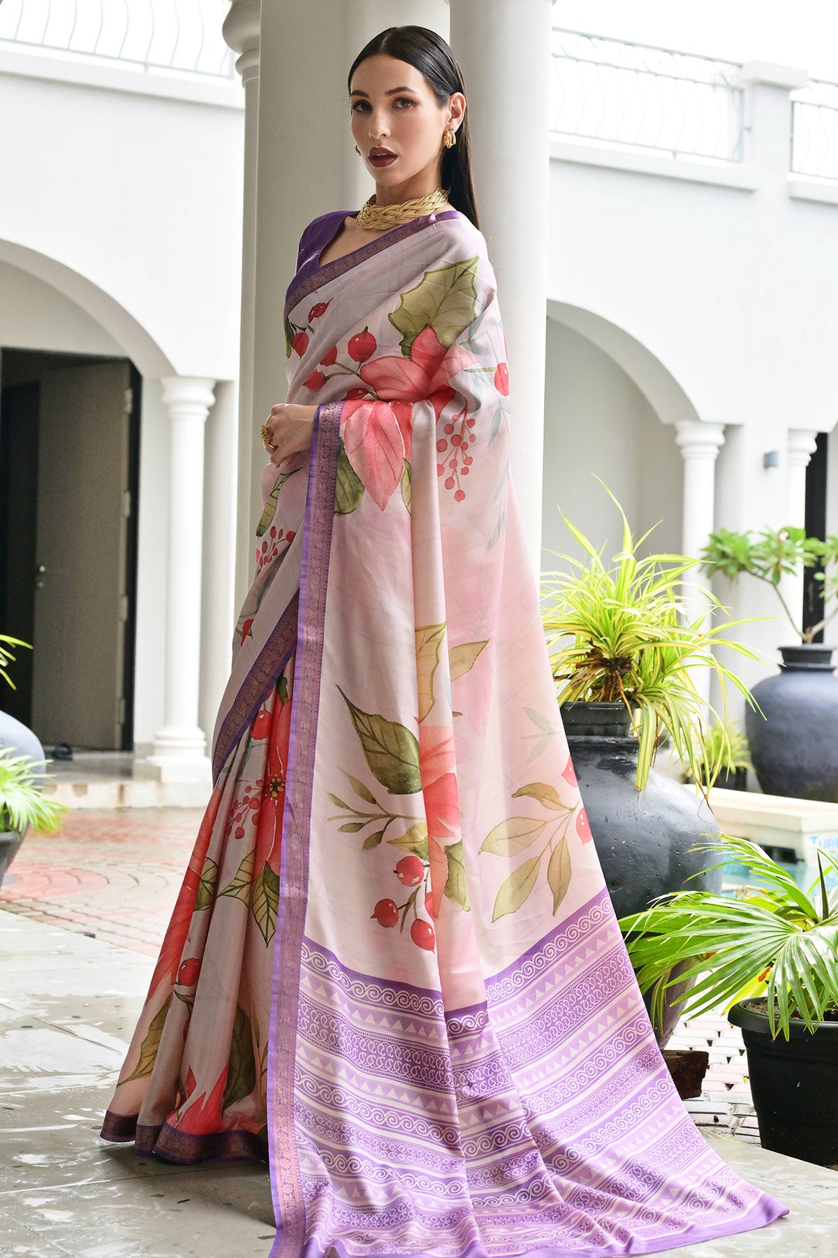 Lavender Silk Floral Zari Saree