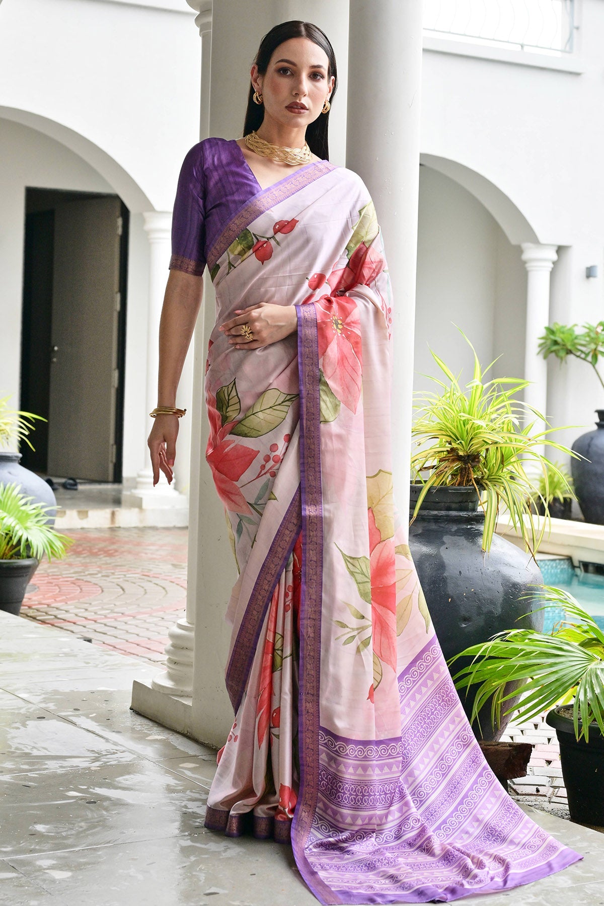 Buy Lavender Silk Floral Zari Saree for women by Lili Lala online available at scrollnshops
