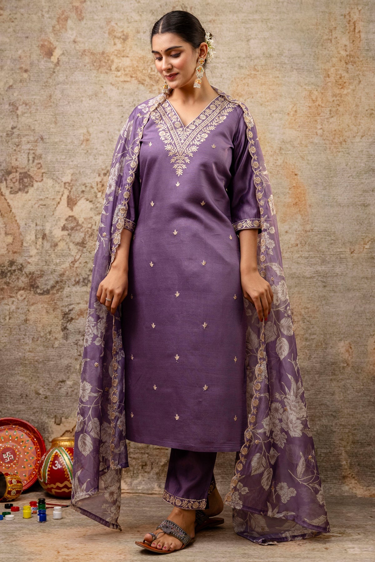 Buy Lavender Silk V Neck Kurta Set for women by Aastha Fashion online available at scrollnshops