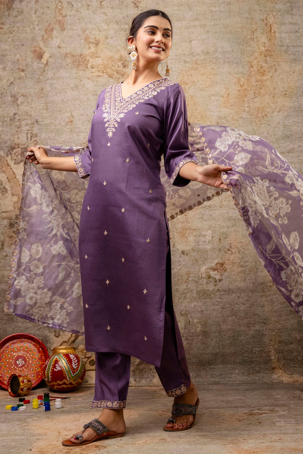 Lavender Silk V Neck Kurta Set