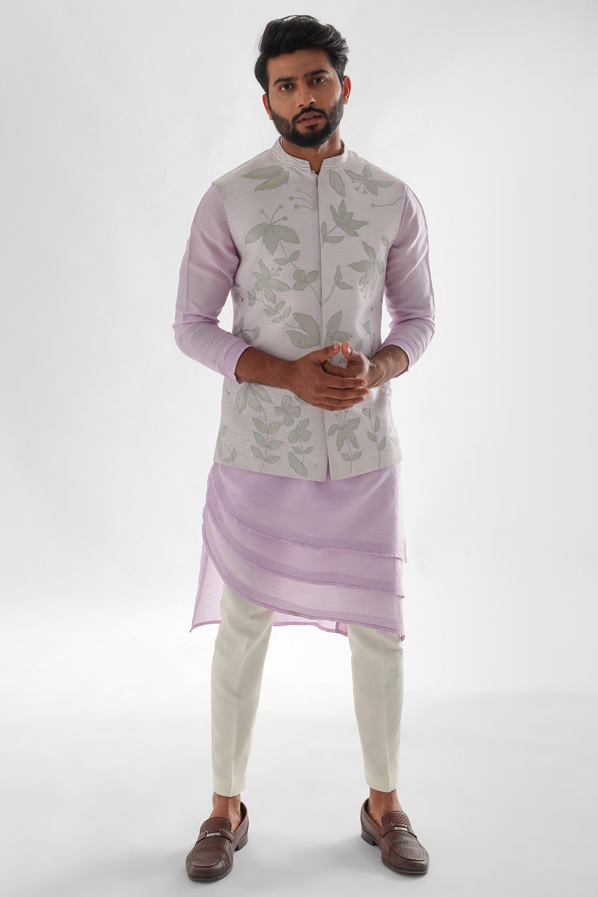 Buy Lavender Tissue Bundi Kurta Set for men by Paarsh Atelier online available at scrollnshops