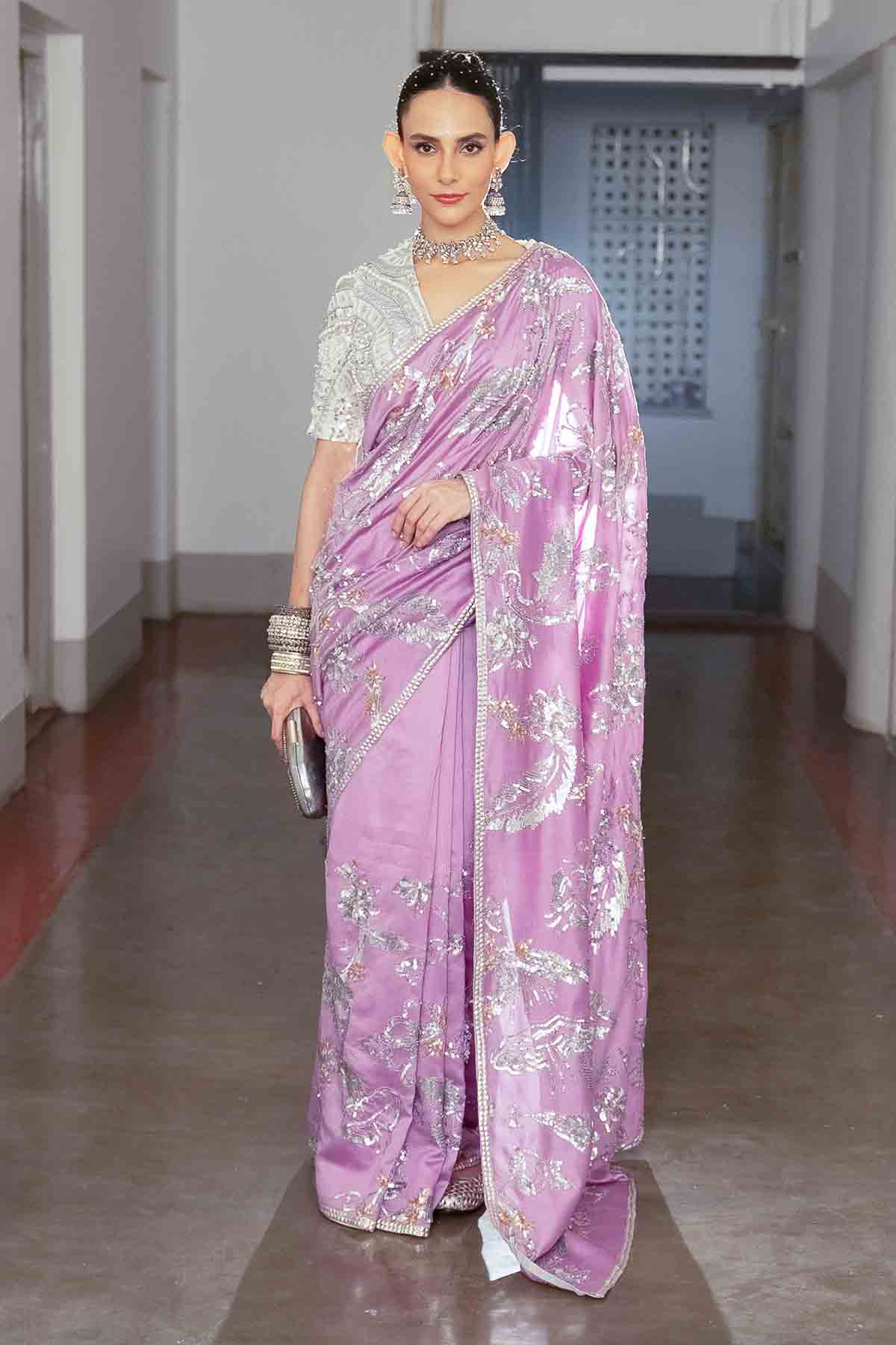 Buy Lavender Zardosi Saree & Blouse by Saksham Neharicka for women online at ScrollnShops