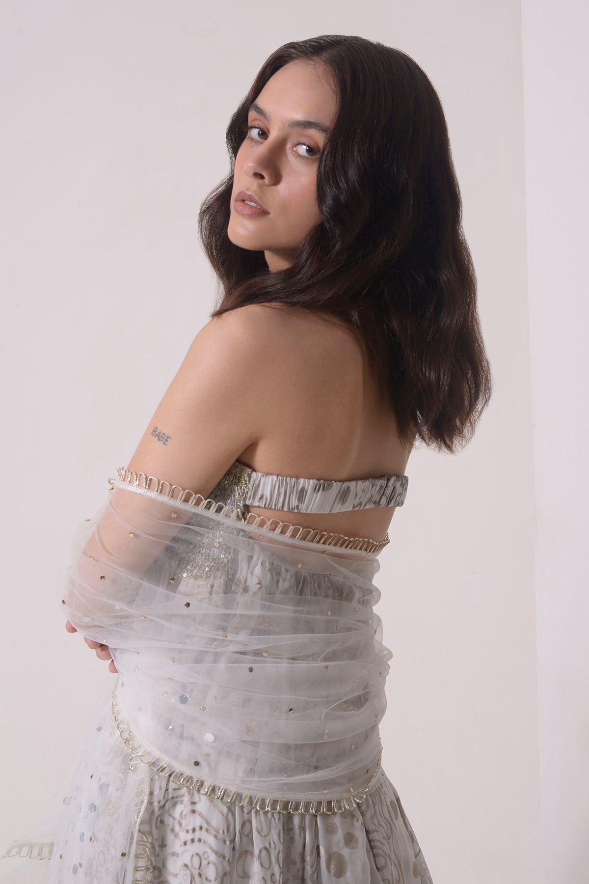 Ecru Foil Printed Sharara Set