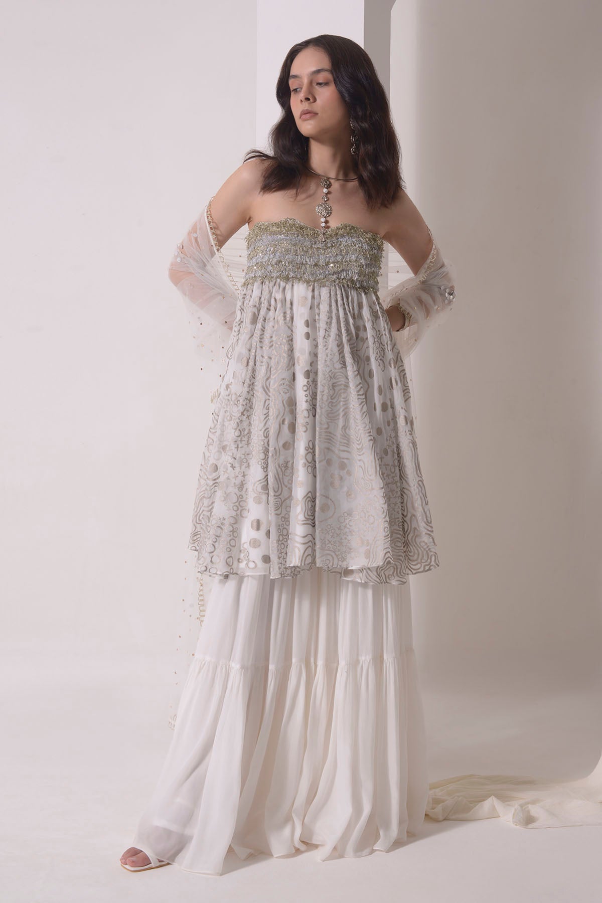 Ecru Foil Printed Sharara Set