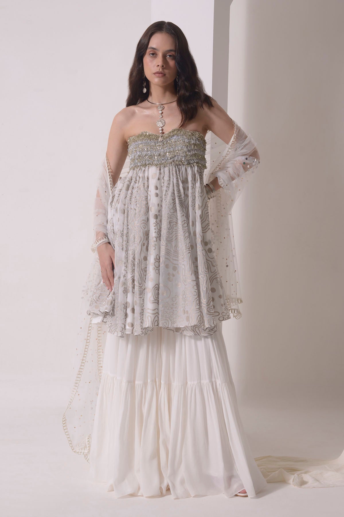 Ecru Foil Printed Sharara Set