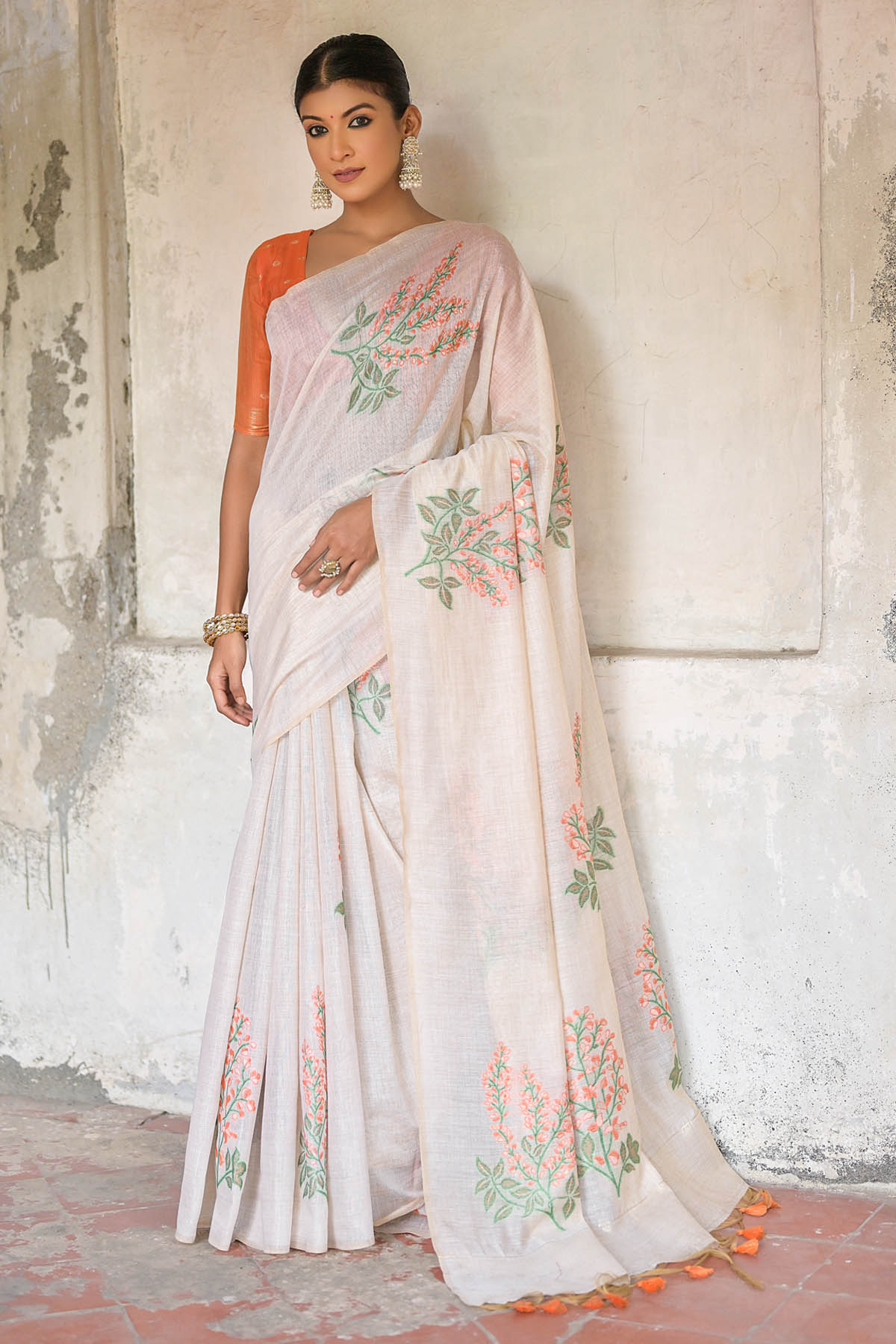 Leaf & Floral Butta Cotton Saree