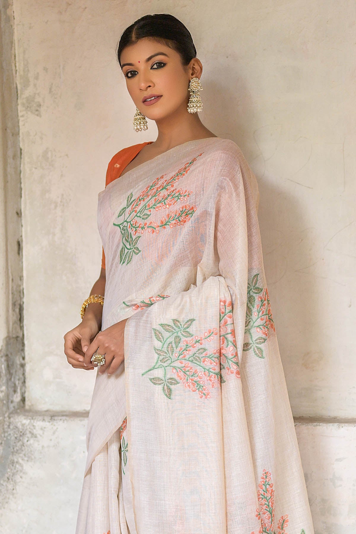 Leaf & Floral Butta Cotton Saree