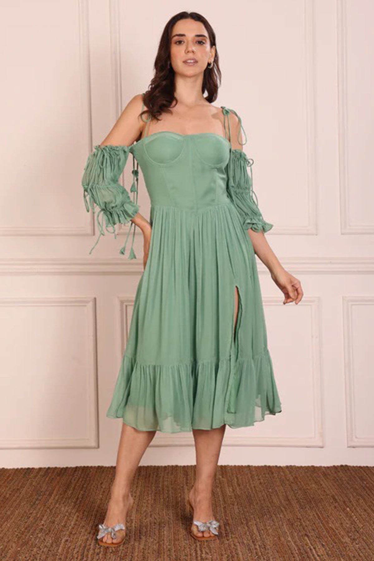 Buy Leafy Green Frilled Midi Dress for women by Seoraa online available at scrollnshops