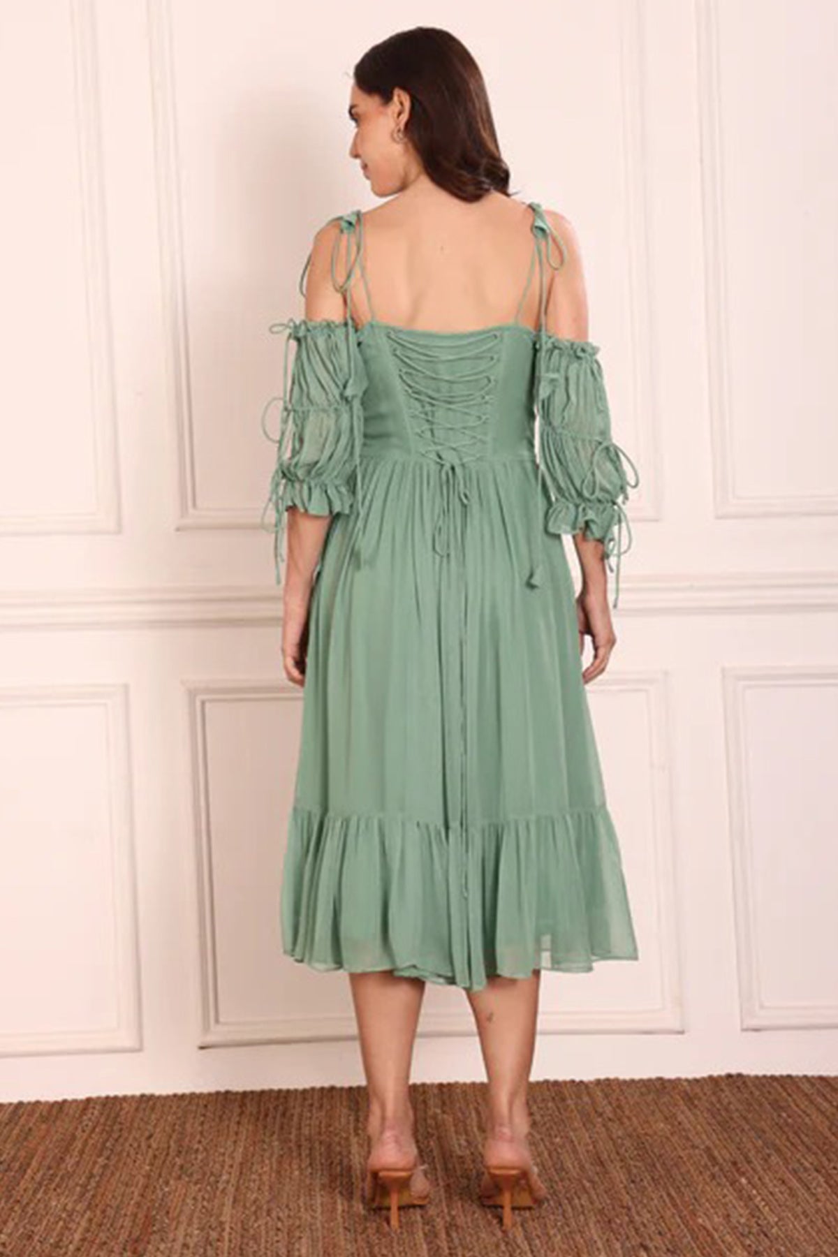 Leafy Green Frilled Midi Dress