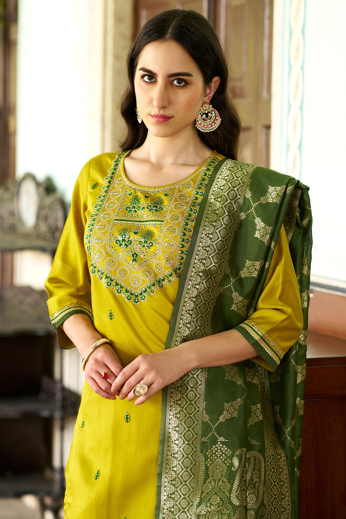 Lemon Silk Blend Yoke Kurta Set