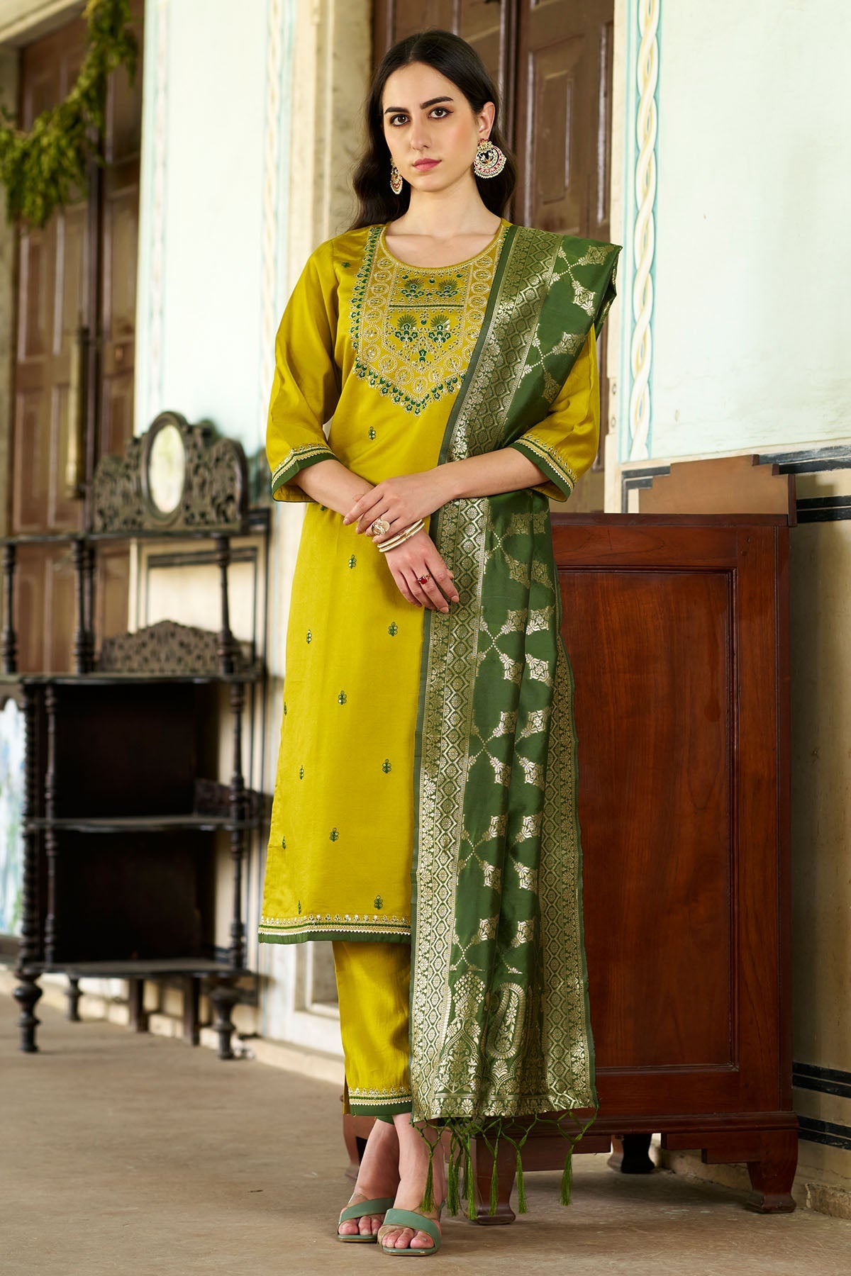 Buy Lemon Silk Blend Yoke Kurta Set for women by Aastha Fashion online available at scrollnshops