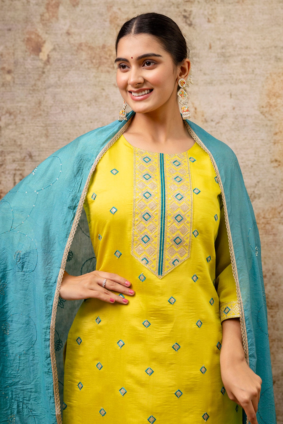 Lemon Silk Buta Work Kurta Set
